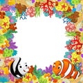 cartoon scene with coral reef and happy fishes swimming near isolated illustration for children