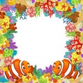 cartoon scene with coral reef and happy fishes swimming near isolated illustration for children