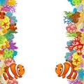 cartoon scene with coral reef and happy fishes swimming near isolated illustration for children