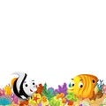 cartoon scene with coral reef and happy fishes swimming near isolated illustration for children