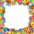 cartoon scene with coral reef and happy fishes swimming near isolated illustration for children