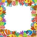 cartoon scene with coral reef and happy fishes swimming near isolated illustration for children