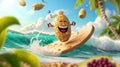 A cartoon scene of a cork riding a wine gl like a surfboard with a caption that reads Hang loose bro. Its wine ocloc Royalty Free Stock Photo