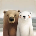 Cartoon scene with couple of brown and polar bears on the beach. Watercolor illustration for children\'s book. Generative AI