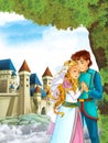 Cartoon scene with cute princes in the forest near the castle - beautiful manga girl Royalty Free Stock Photo