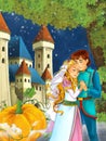 Cartoon scene with cute princes in the forest near the castle - beautiful manga girl Royalty Free Stock Photo