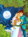 Cartoon scene with cute princes in the forest near the castle - beautiful manga girl Royalty Free Stock Photo