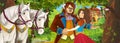 Cartoon scene with cute royal charming couple in the forest near the castle - beautiful manga girl