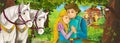 Cartoon scene with cute royal charming couple on the meadow