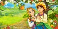 Cartoon scene with cute royal charming couple on the meadow