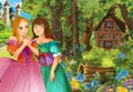 Cartoon scene with cute royal charming girls near the wood with wooden house