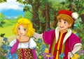 Cartoon scene with cute royal prince and charming manga girl on the meadow