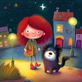 Cartoon scene with cute teen girl walking with dog in the city. Pastel illustration for children book. Royalty Free Stock Photo