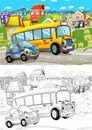 Cartoon scene with different cars driving on the city street like everyday and duty cars with artistic coloring page