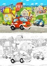 Cartoon scene with different cars driving on the city street like police and fire brigade with artistic coloring page