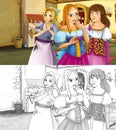 Cartoon scene for different fairy tales - prince is talking to the mother of two daughters - with additional coloring page Royalty Free Stock Photo
