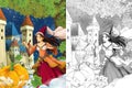 Cartoon scene for different fairy tales - young beautiful sorceress casting spell - beautiful manga girl - with coloring page