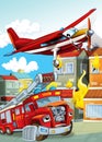 Cartoon scene with different fire fighter machines helicopter and fire brigade truck illustration