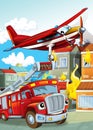 Cartoon scene with different fire fighter machines helicopter and fire brigade truck illustration