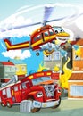 Cartoon scene with different fire fighter machines helicopter and fire brigade truck illustration