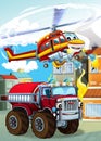 Cartoon scene with different fire fighter machines helicopter and fire brigade truck illustration
