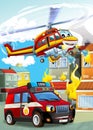 Cartoon scene with different fire fighter machines helicopter and fire brigade truck illustration