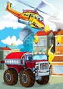 Cartoon scene with different fire fighter machines helicopter and fire brigade truck illustration