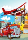 Cartoon scene with different fire fighter machines helicopter and fire brigade truck illustration