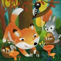 cartoon scene with different forest animals friends fox woodpecker rabbit illustration for children Royalty Free Stock Photo