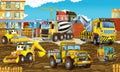 Cartoon scene with different happy construction site vehicles Royalty Free Stock Photo