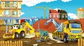 Cartoon scene with different happy construction site vehicles Royalty Free Stock Photo