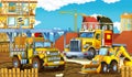 Cartoon scene with different happy construction site vehicles