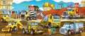 Cartoon scene with different happy construction site vehicles Royalty Free Stock Photo