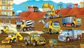 Cartoon scene with different happy construction site vehicles Royalty Free Stock Photo