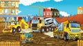 Cartoon scene with different happy construction site vehicles Royalty Free Stock Photo