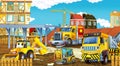 Cartoon scene with different happy construction site vehicles Royalty Free Stock Photo
