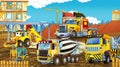 Cartoon scene with different happy construction site vehicles Royalty Free Stock Photo