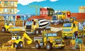 Cartoon scene with different happy construction site vehicles Royalty Free Stock Photo