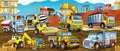 Cartoon scene with different happy construction site vehicles Royalty Free Stock Photo