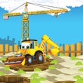 Cartoon scene with digger excavator or loader on construction site Royalty Free Stock Photo