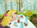 cartoon scene with dinner table as picnic in the forest wacky party with girl child and rabbit bunny illustration for children