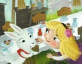 cartoon scene with dinner table as picnic in the forest wacky party with girl child and rabbit bunny illustration for children