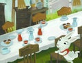 cartoon scene with dinner table as picnic in the forest wacky party with rabbit bunny illustration for children