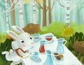 cartoon scene with dinner table as picnic in the forest wacky party with rabbit bunny illustration for children