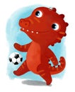 cartoon scene with dino dinosaur or dragon playing having fun kicking ball football soccer on white background illustration for Royalty Free Stock Photo