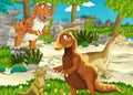 Cartoon scene with dinosaur apatosaurus diplodocus running away from some other dinosaur tyrannosaurus in the jungle -
