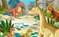 Cartoon scene with dinosaur apatosaurus diplodocus with some other dinosaur in the jungle - illustration for children