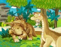 Cartoon scene with dinosaur apatosaurus diplodocus with some other dinosaur in the jungle triceratops and young triceratops Royalty Free Stock Photo