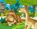 Cartoon scene with dinosaur apatosaurus diplodocus with some other dinosaur in the jungle triceratops and young triceratops Royalty Free Stock Photo