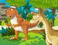 Cartoon scene with dinosaur apatosaurus diplodocus with some other dinosaur in the jungle triceratops and young triceratops Royalty Free Stock Photo